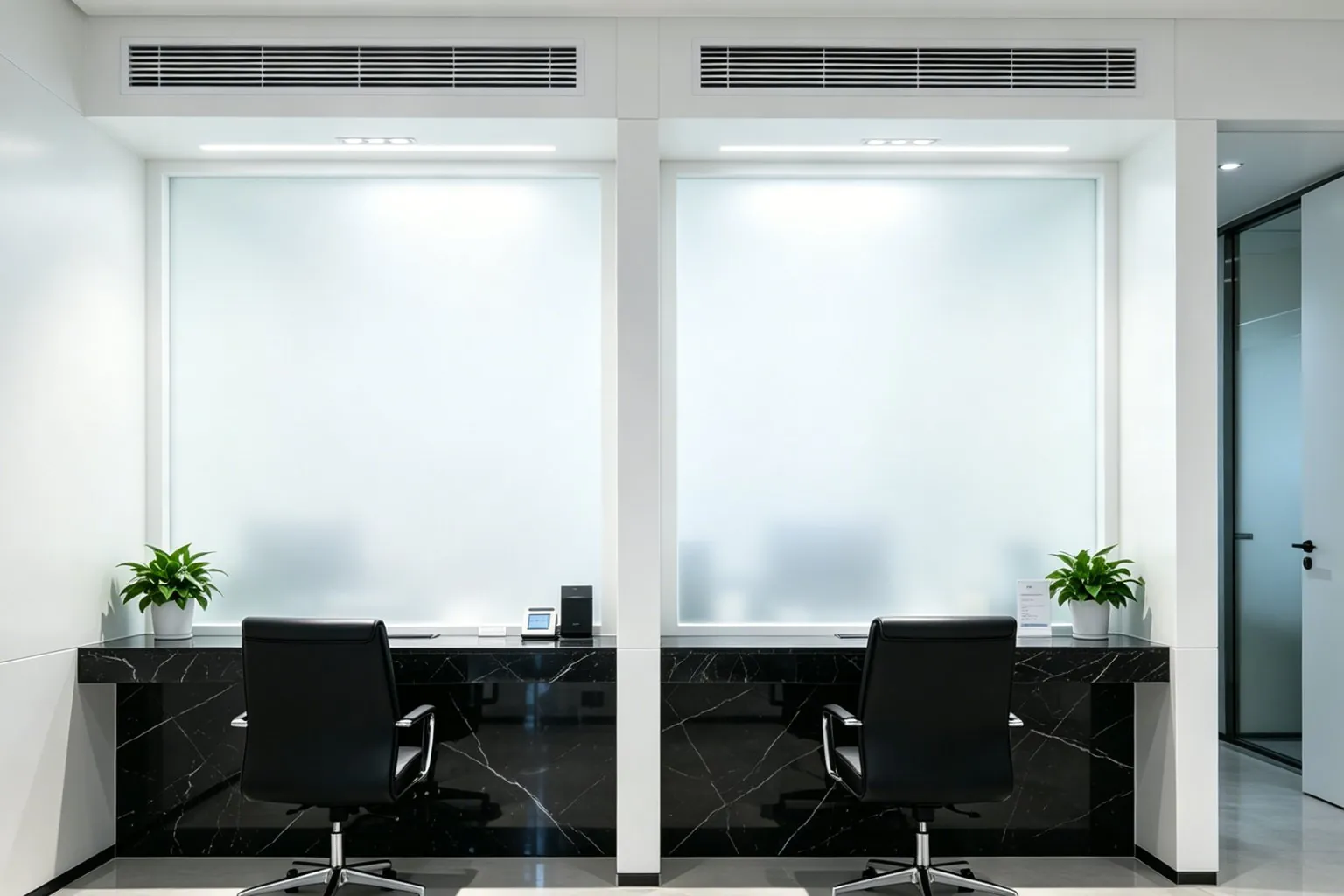 Modern bank interior with switchable privacy glass partitions