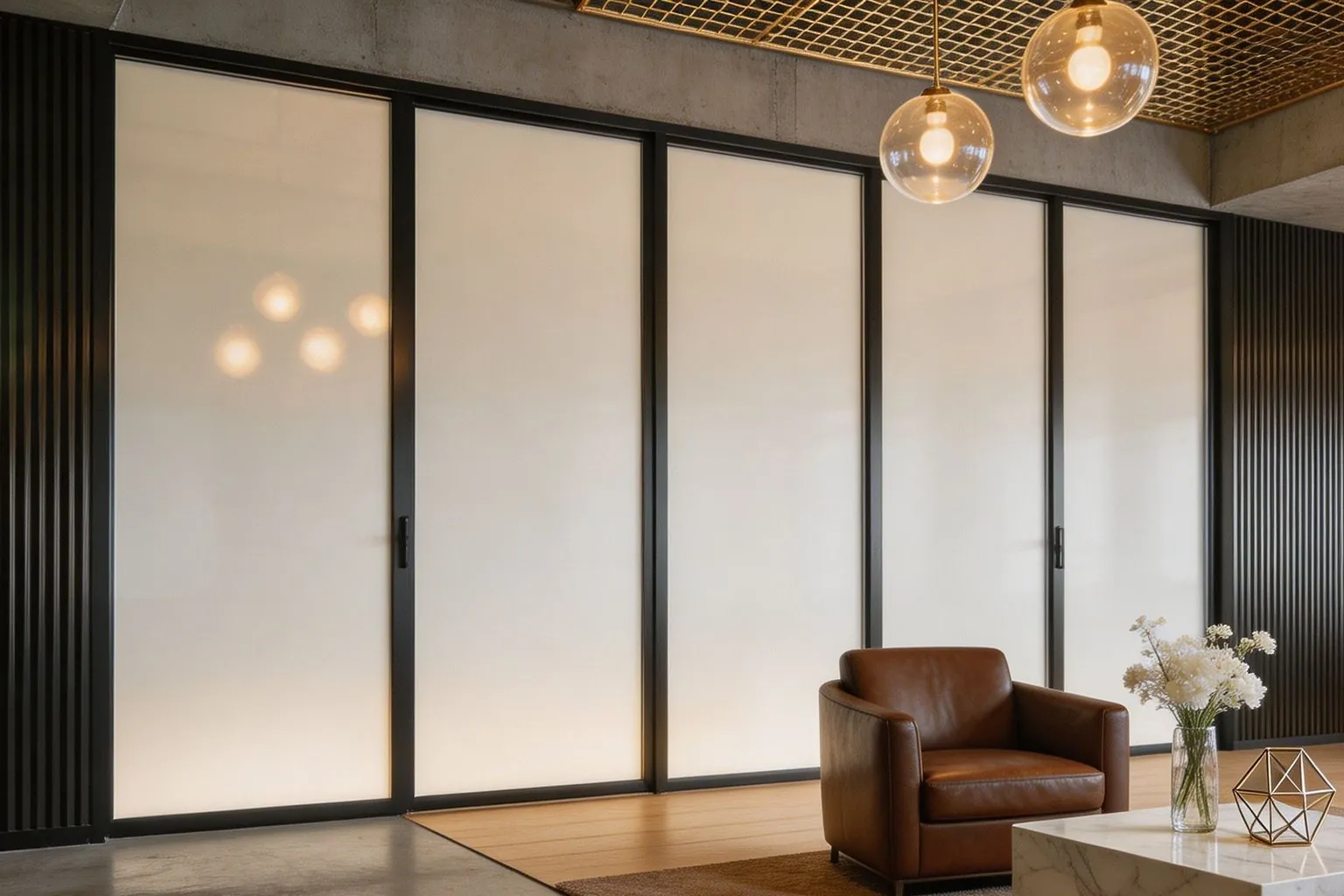 Modern cafe interior with switchable glass partitions