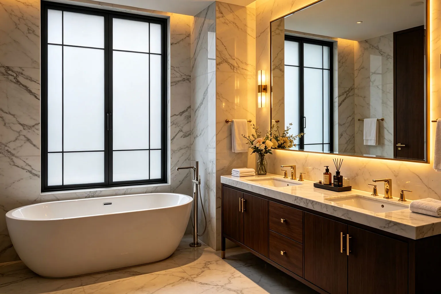 Smart glass bathroom partition in a luxury hotel suite