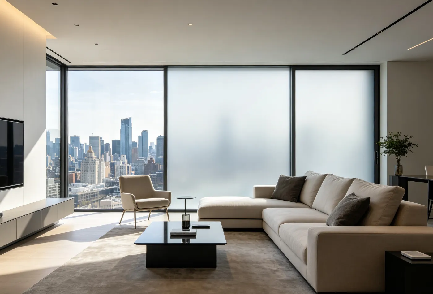 Modern living room with smart film on large glass windows
