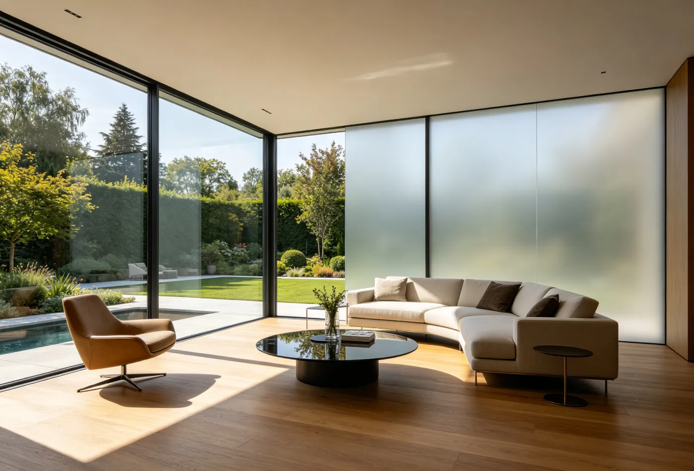 Luxury villa with switchable smart film on floor-to-ceiling windows