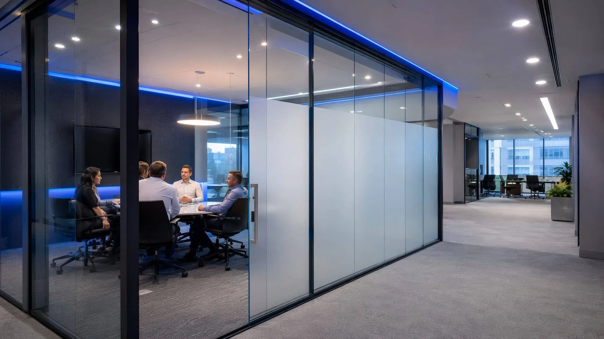 Switchable privacy film on office glass partition walls