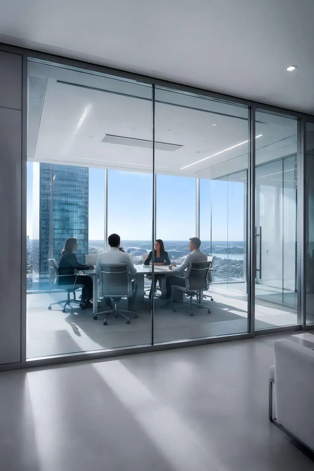 PDLC smart film ON state — crystal clear office glass
